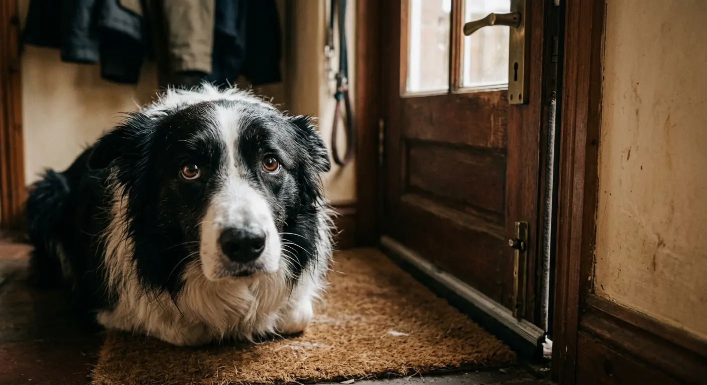 Anxious dog looking up with worried eyes