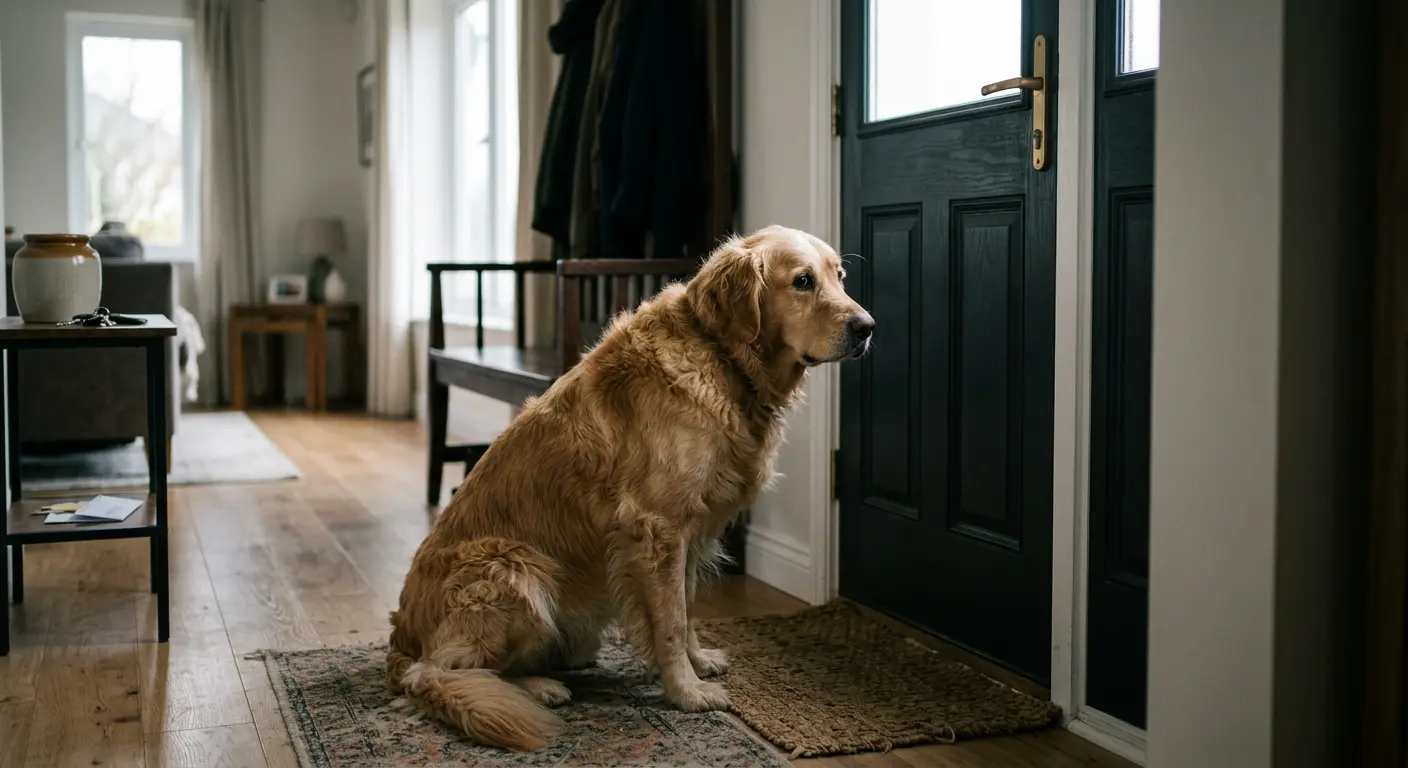 A dog sitting anxiously by a front door, waiting for its owner to return