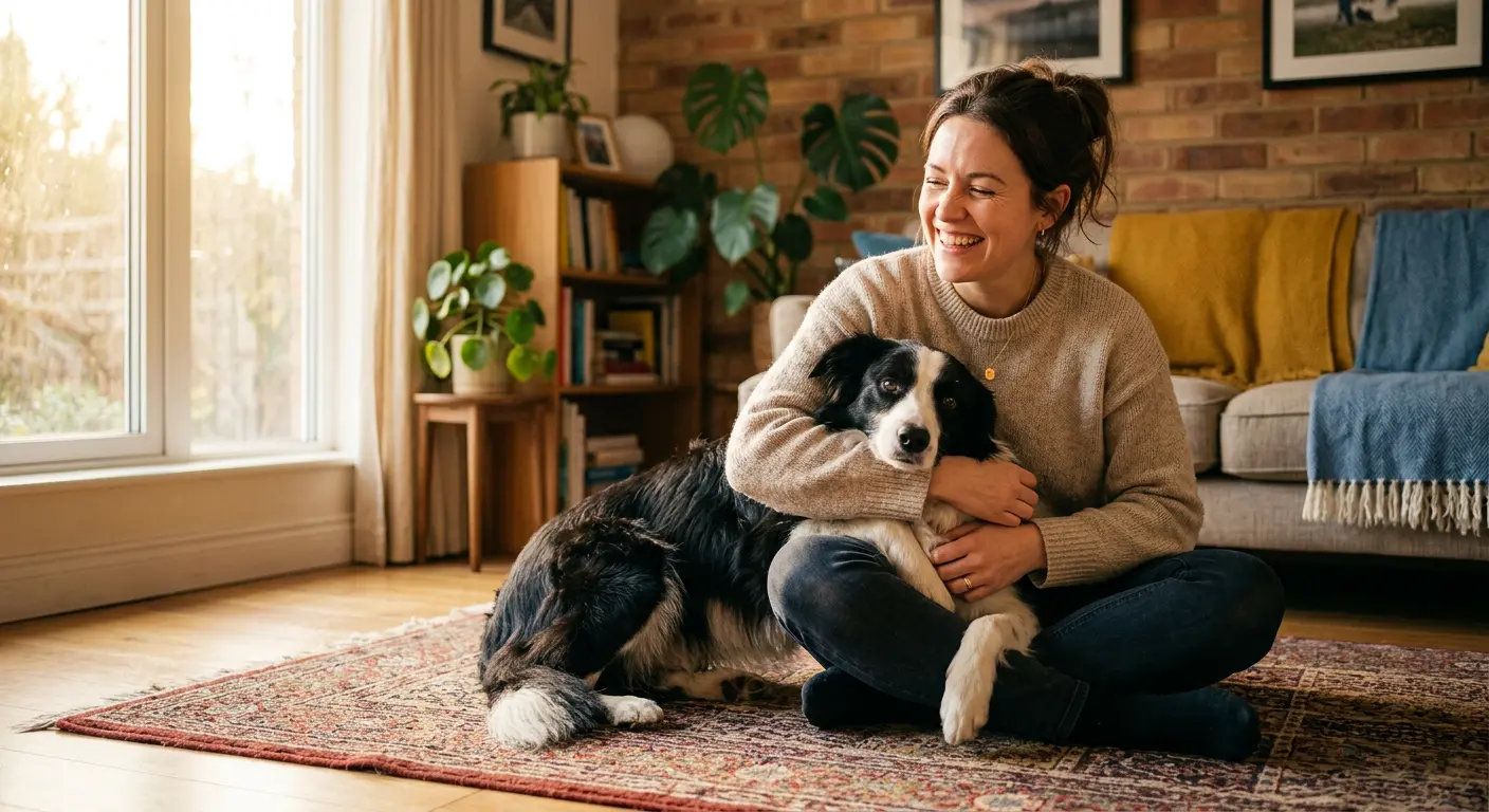 Happy dog owner hugging her calm, relaxed dog at home