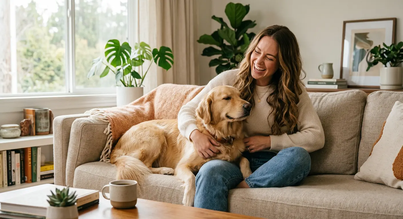 A happy woman relaxing on a couch with her calm, content dog