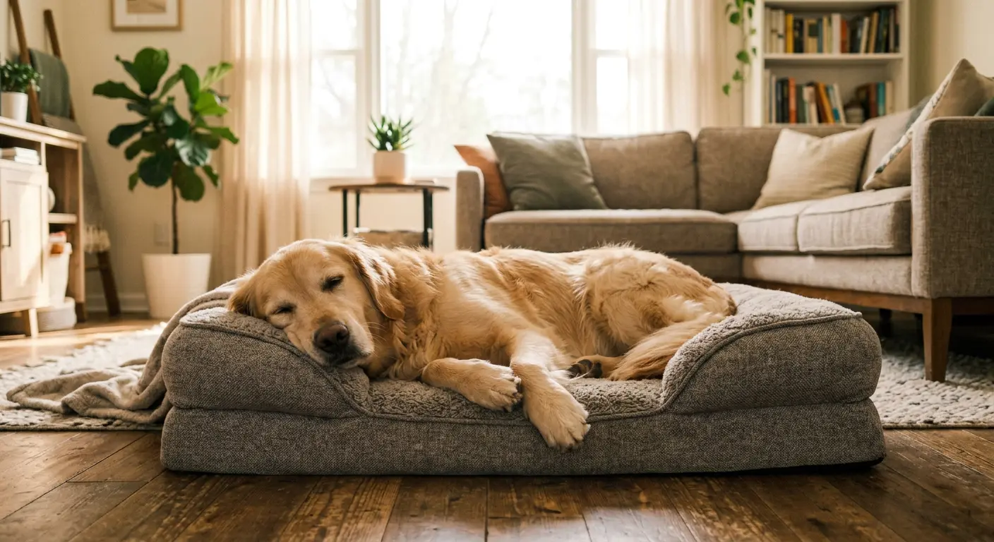 Calm, relaxed dog lying peacefully on a dog bed at home